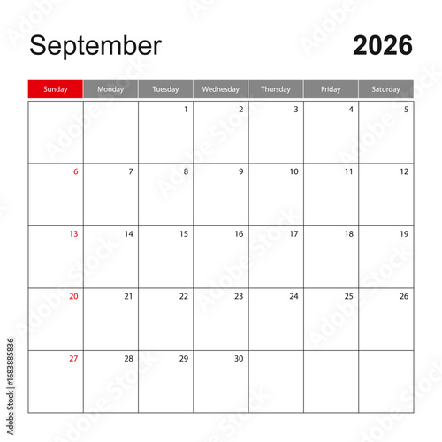 Wall calendar template for September 2026. Holiday and event planner, week starts on Sunday.