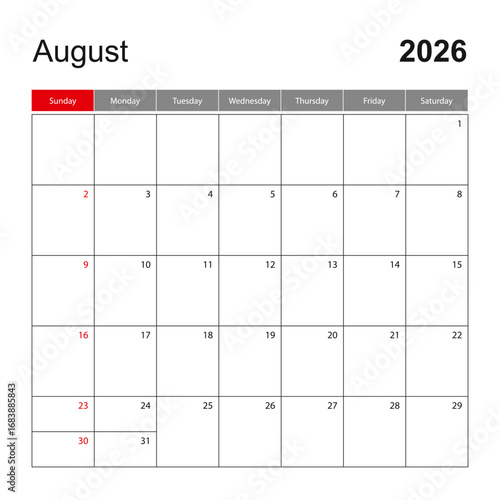 Wall calendar template for August 2026. Holiday and event planner, week starts on Sunday.