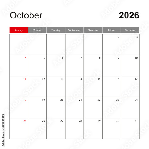 Wall calendar template for October 2026. Holiday and event planner, week starts on Sunday.