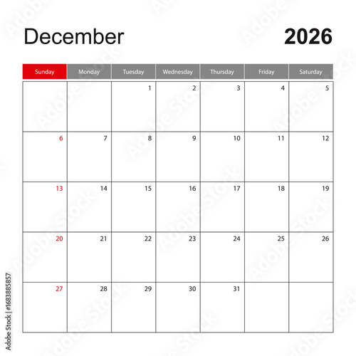 Wall calendar template for December 2026. Holiday and event planner, week starts on Sunday.