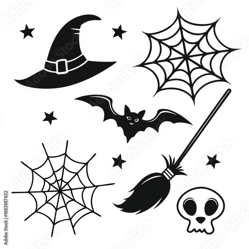 Halloween symbols including witch hat and spiderweb