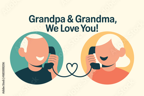 Cartoon illustration of grandparents talking on the phone with a heart connecting them