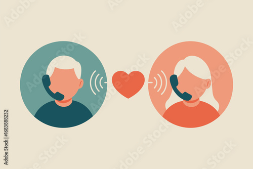 Long distance relationship concept with man and woman talking on the phone with love