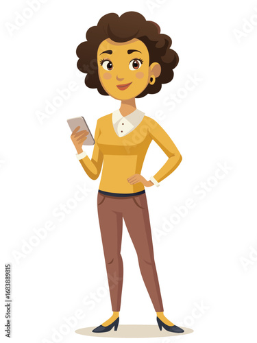 Young woman with short dark curly hair standing confidently holding a mobile phone vector