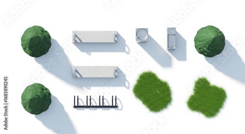 Wallpaper Mural Top view of park elements including benches, bicycle rack, bushes, and planters isolated on white background Torontodigital.ca