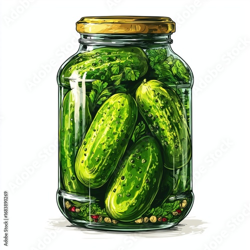 Hand Drawn Illustration of Pickled Cucumbers in a Jar , PNG isolated cut out image