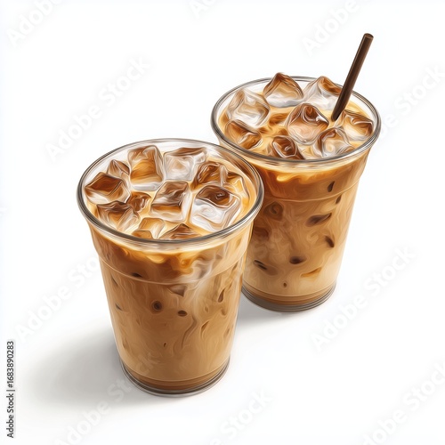 Two Iced Coffee Cups with Ice , PNG isolated cut out image