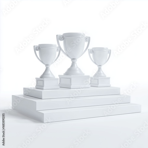 Three White Trophies on a Podium , PNG isolated cut out image