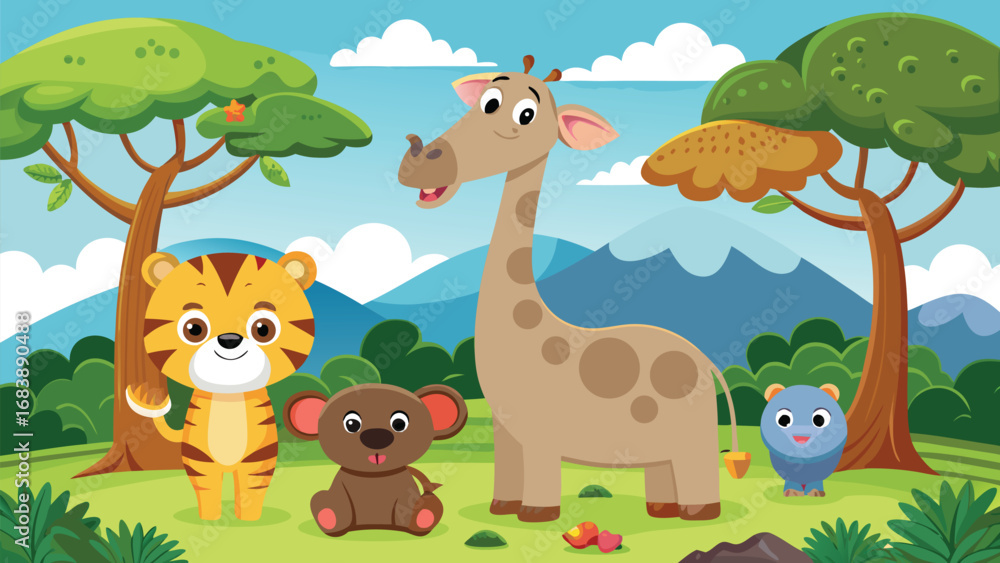 Adorable cartoon animals in a cheerful savanna scene with lush trees and distant mountains vector Adorable cartoon animals in a cheerful savanna scene with lush trees and distant mountains vector