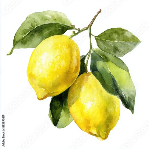Watercolor Lemons on Branch - Vibrant Citrus Art , PNG isolated cut out image