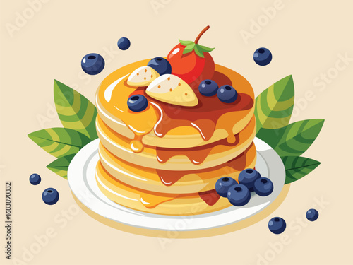 Delicious golden brown pancakes stacked high drizzled with syrup topped with berries and fruit vector