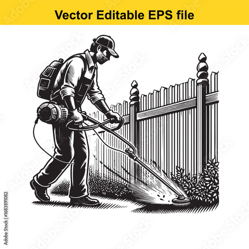 Gardener trimming grass with a string trimmer near a fence