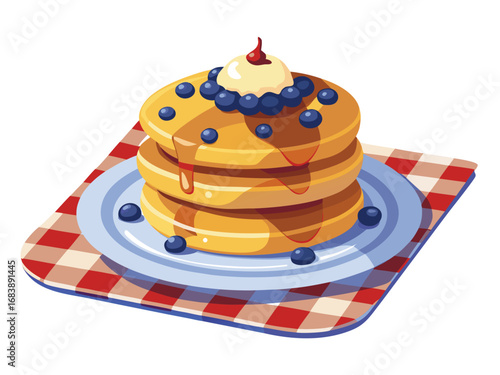 Delicious stack of blueberry pancakes with whipped cream and syrup celebrating breakfast and sweet treats vector