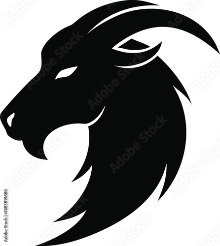Black silhouette of a majestic goat head with impressive horns and mane evoking strength and nature silhouette