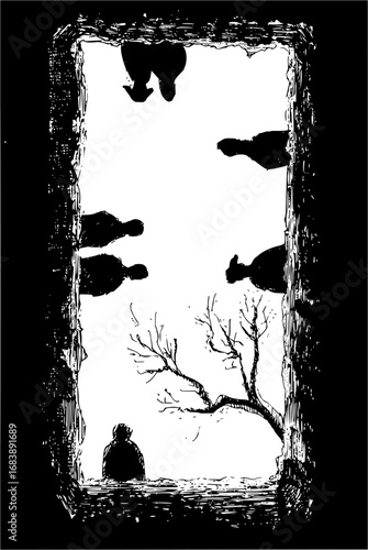 Solitary figure contemplates life under watchful silhouettes within a stark, artistic frame