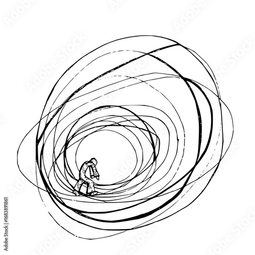 Struggling figure trapped in chaotic swirling lines, representing mental struggle or overwhelming challenges.
