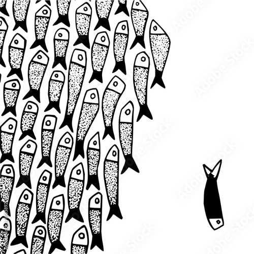 Unique fish swims against flowing school conveying individuality and leadership for abstract concepts