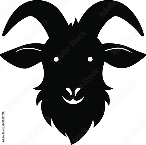 Majestic black silhouette of a goat head with prominent horns and a detailed beard evokes strength and nature silhouette