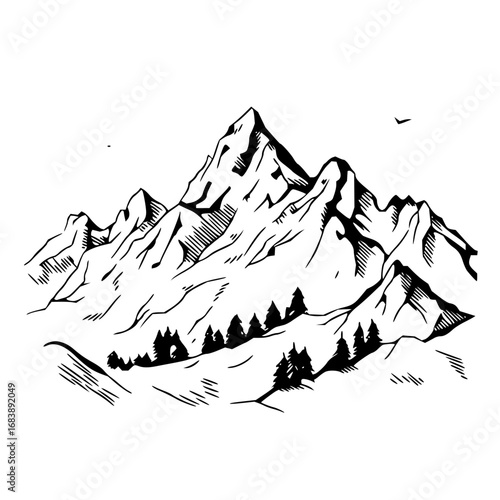 Majestic mountain range with pine trees and soaring birds captures the spirit of adventure and nature's grandeur