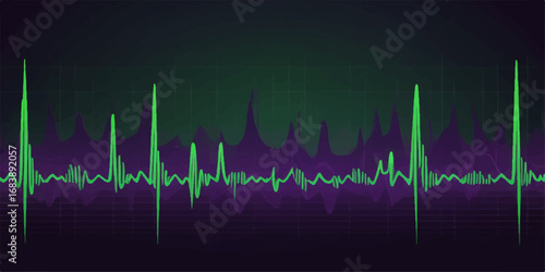 A vibrant green cardiogram pulse on a monitor shows the continuous, rhythmic heartbeat wave
