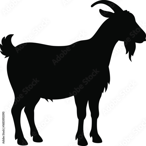 Black silhouette of a standing goat with horns and beard isolated on white silhouette