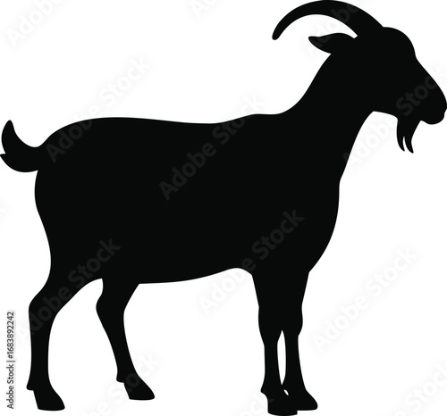Black silhouette of a standing goat with horns and beard farm animal simple graphic icon silhouette