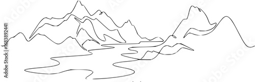 Serene mountain range landscape with a winding river flowing through, minimalist line art evokes tranquility and nature's beauty.