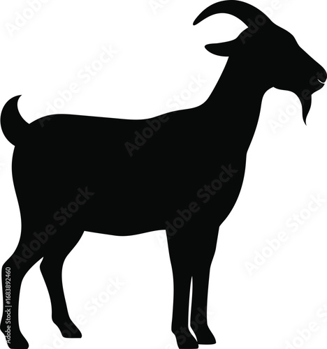 Black silhouette of a standing goat with horns and beard profile view farm animal silhouette