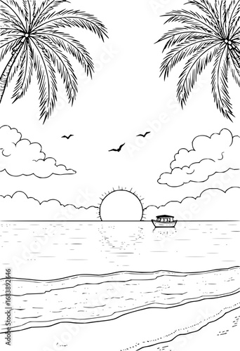 Serene tropical beach sunset with palm trees and a solitary boat on the calm ocean