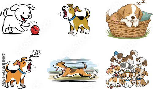 Cute cartoon dogs playing, sleeping, running, barking with musical notes, various breeds in colorful vector illustration set collection