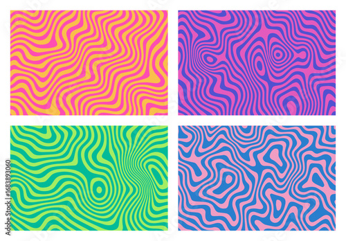 Liquid wavy trippy patterns. Groovy hippie 70s backgrounds. Wavy, swirl, twirl disco pattern. Twisted and distorted trendy retro psychedelic abstract Y2k, vector fluid water wave textures