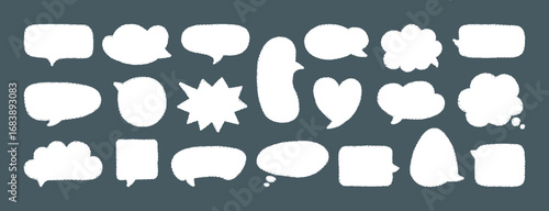 Chalk speech bubbles. Crayon textured white silhouette speech boxes, hand drawn grunge blank comic thought balloon, dialogue bubble. Message chat elements, cartoon comics. Vector isolated set