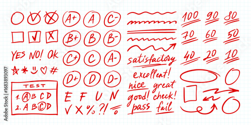 Grade school mark. Red hand drawn exam marks, grades and checkboxes, arrows and underlines, evaluation icons. Doodle words on grid paper for school designs, learning content. Vector isolated set
