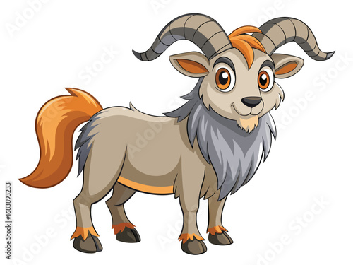 Friendly cartoon goat character with large horns and orange mane on a transparent background vector