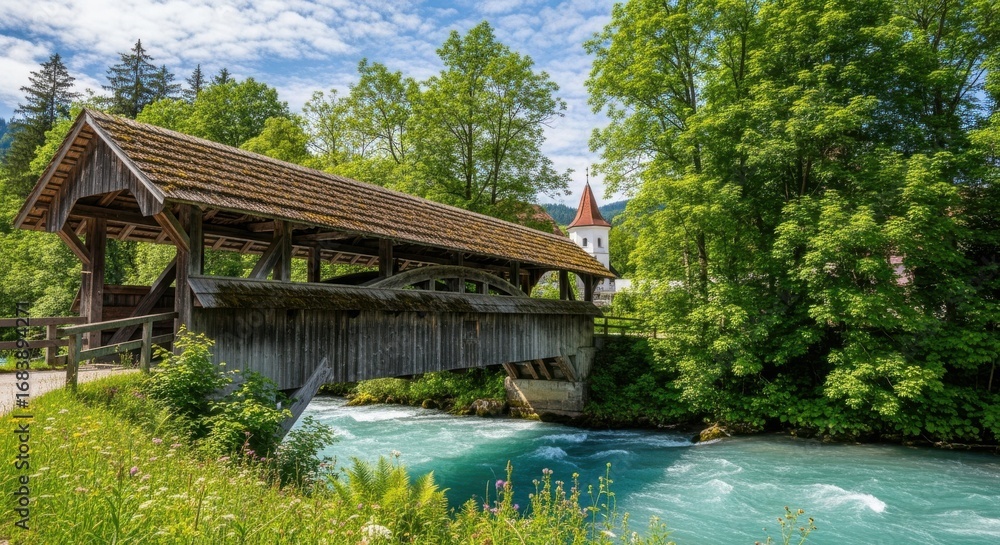 Fototapeta premium Historic Wooden Bridge Over Turquoise River Amidst Lush Greenery