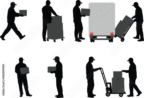 Delivery worker silhouettes, carrying packages, loading boxes, hand truck transport, courier service tasks, logistics operations, shipping process, parcel handling scenes, transportation work