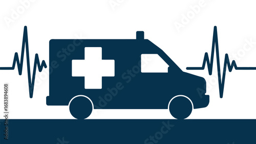 Stylized ambulance graphic with heartbeat line illustration for medical emergencies