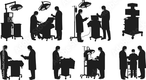 Medical professionals silhouettes, doctors and surgeons, hospital scenes, patient care, surgery, consultation, healthcare teamwork, clinical procedures, medical equipment – flat vector illustration