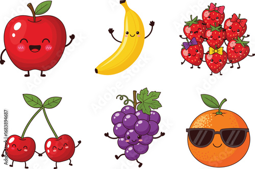 Fruit, cartoon, cute, happy, smiling, apple, banana, strawberry, cherry, grapes, orange, kids, fun, playful, character, illustration, healthy, colorful, anthropomorphic