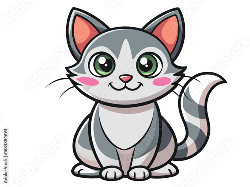 Adorable cute fluffy grey striped kitten sitting happily with big expressive eyes and pink cheeks vector