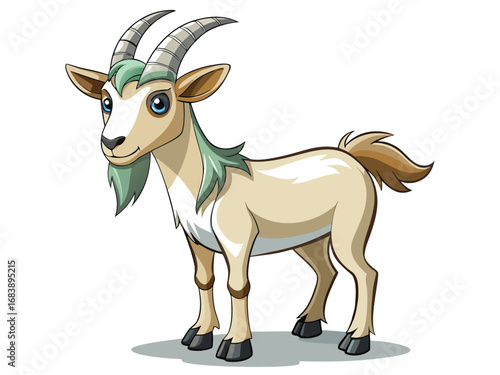 Stylized cartoon goat standing proudly with majestic horns and friendly expression rural farm animal character vector