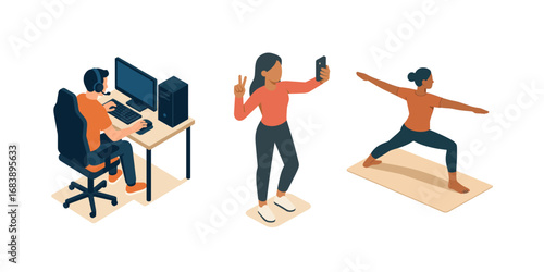 Gamer blogger and girl doing exercises
