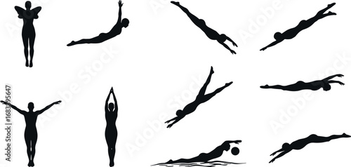 Swimming and diving silhouettes, aquatic sports, water polo, freestyle stroke, underwater movement, athletic performance, swimmer poses, water activity, competition – flat vector illustration