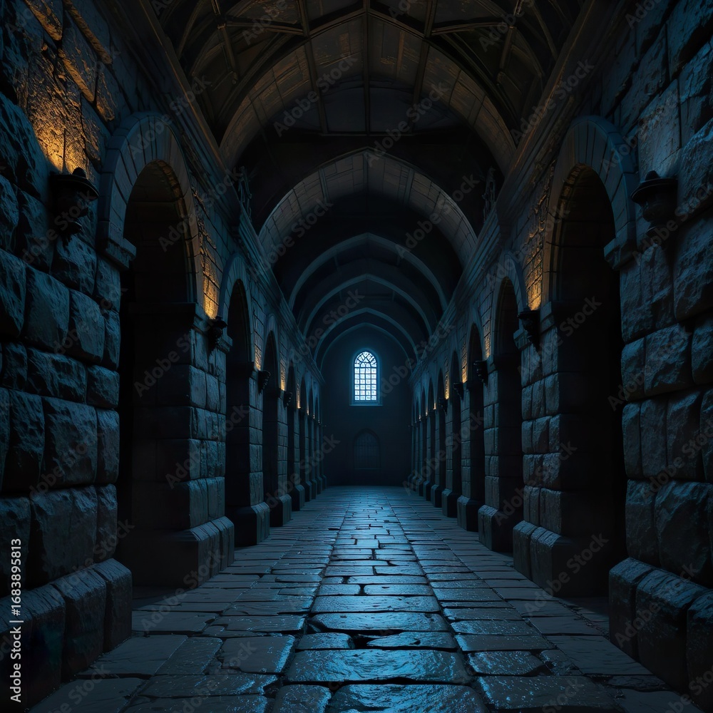 Obraz premium A Dark and Long Corridor of a Medieval Castle Made of Stone, with a Mysterious Blue Light Coming from a Window at the End