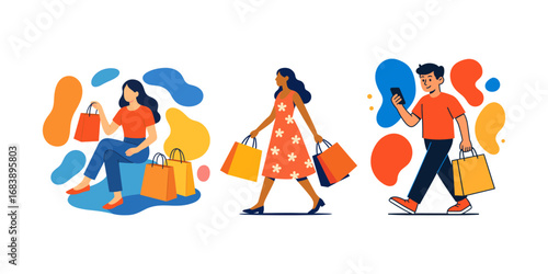 Girls and a boy carry shopping bags