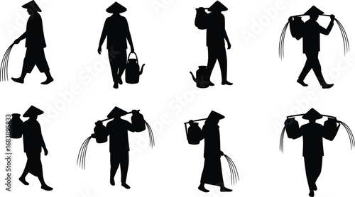 Traditional farmers working in rural fields, Asian conical hat silhouettes, agricultural labor scenes, cultural heritage farming lifestyle, village work depiction, flat vector illustration