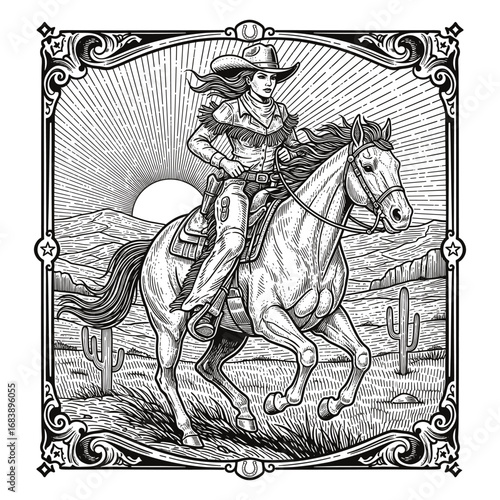 Vintage cowgirl riding horse western engraving vector illustration