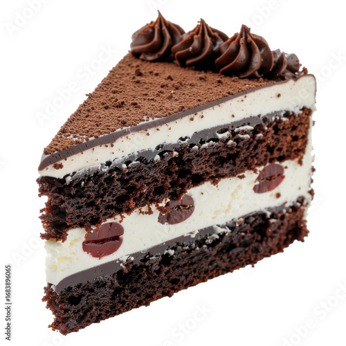 piece of chocolate cake with cherries isolated on transparent background