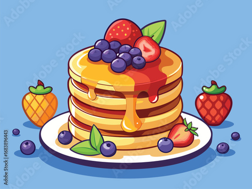 Delicious stack of golden pancakes topped with fresh berries and syrup on a plate ready to eat vector