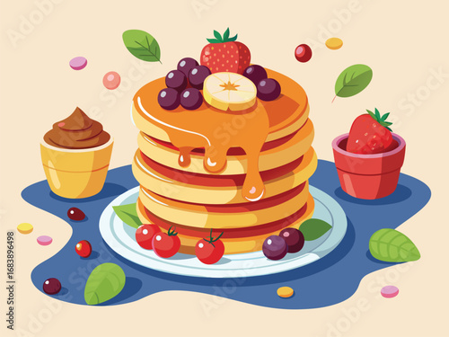 Delicious stack of pancakes with fresh berries and syrup delightful breakfast scene vector